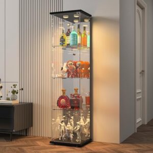 BPKADHY glasvitrinskåp, 4 lager vitrinskåp, 1 dörrar, LED-lampa och lås med spegelbaksida glasvitrinskåp, stående vardagsrumsskåp för samlarobjekt och böcker, svart