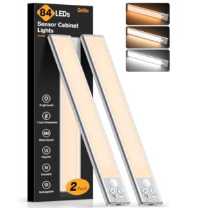 Gritin 26CM Skåpbelysning med Rörelsesensor - Superljusa, 3 Färger och 5 Ljusstyrkor, 4 Lägen, Laddningsbar, Långvarig, Enkel Installation, Stark Magnetisk Skåpljus - 2 Pack